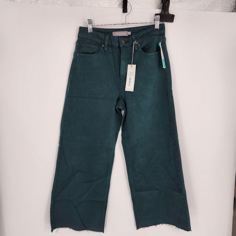 Just USA Hunter Green Fall Wide Leg Jeans Petite 26P 2P AB347P Raw Hem